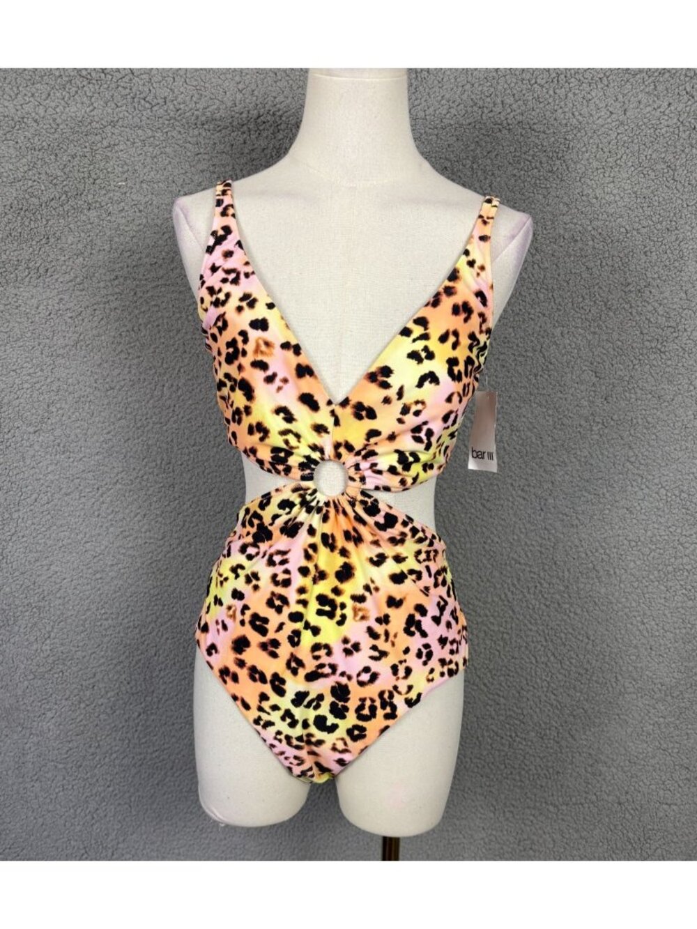 Bar III Leopard Print Monokini One-Piece Ring Detail Swimsuit Multi Size Lg NWT.